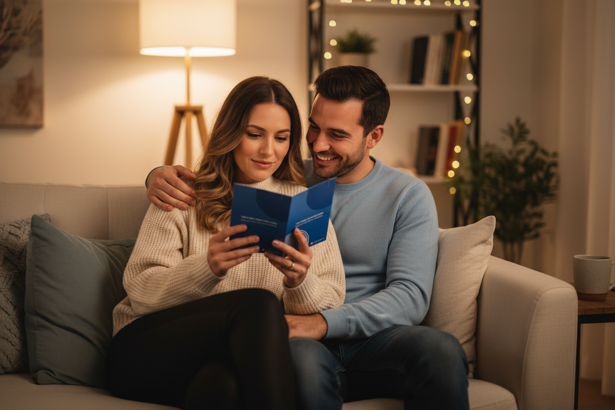 Couple reading blue card on couch