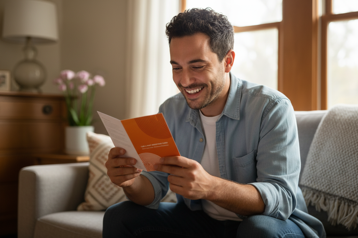Man holding 2-way card with meaningful expression