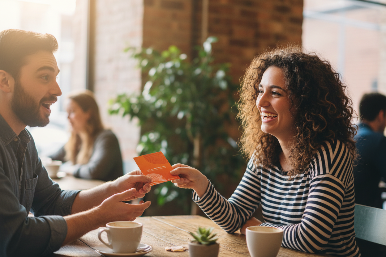 Two friends exchanging orange card at café