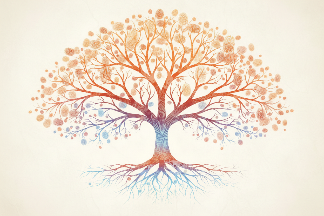 ConnectingLives fingerprint tree in orange and blue — brand symbol of connection