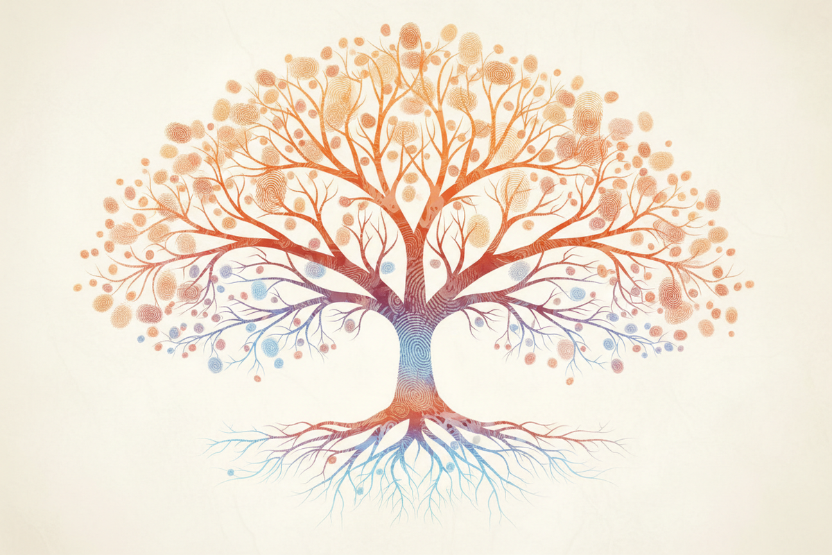 ConnectingLives fingerprint tree in orange and blue — brand symbol of connection
