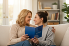 Mother and daughter looking at blue card together