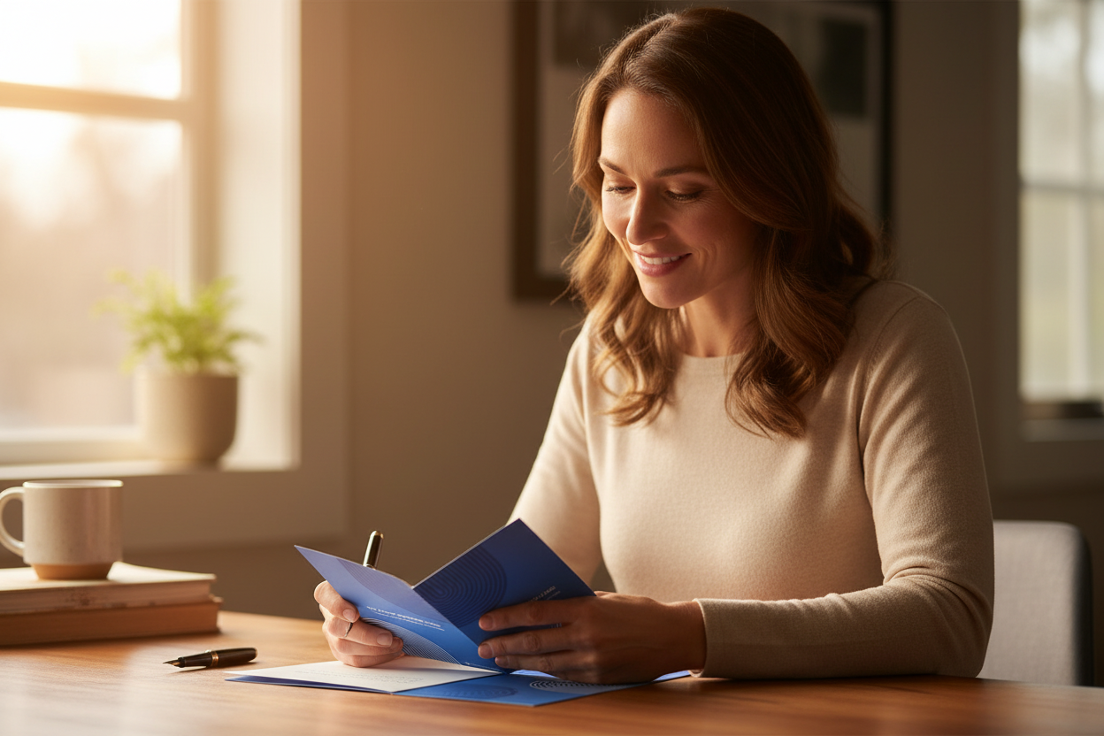 Person writing in blue card