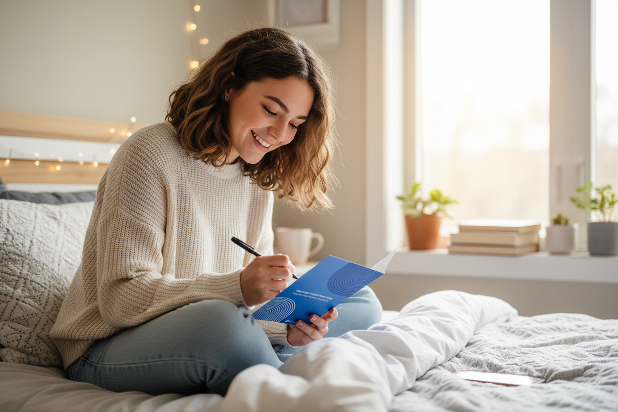 Teen girl writing in blue card on bed