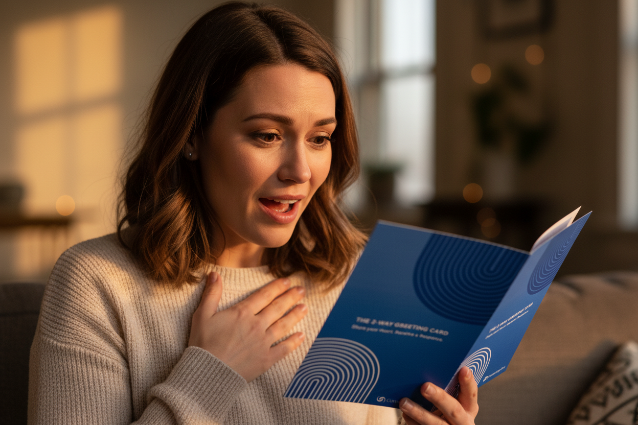 Woman holding blue Two-Way Card with meaningful expression